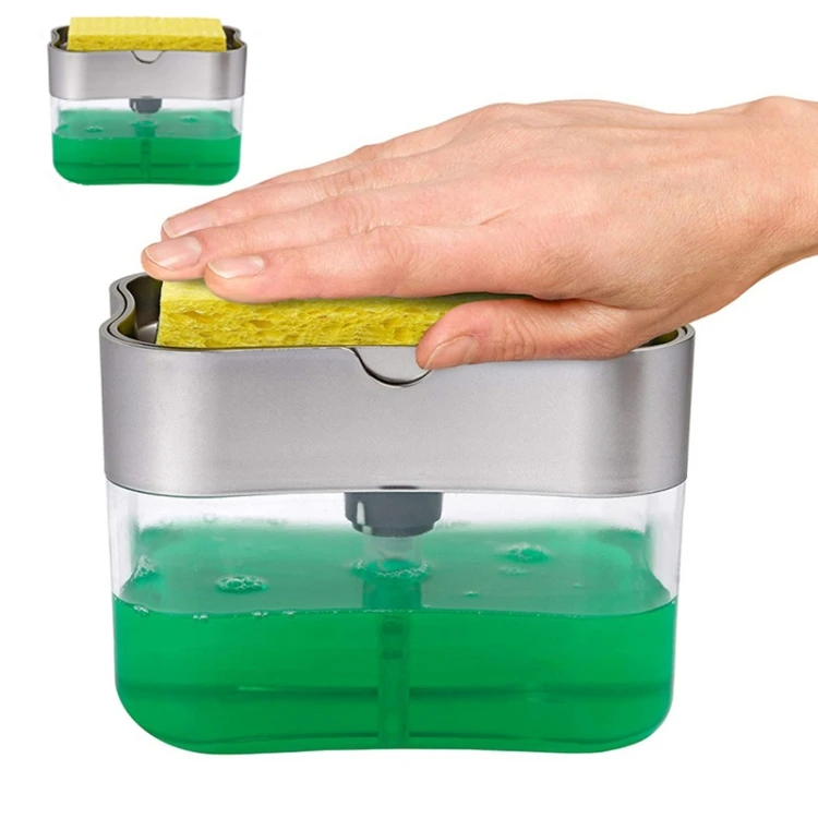 

Kitchen Dishwasher Brush Press Liquid Soap Dispenser with Washing Sponge Automatic Dispenser