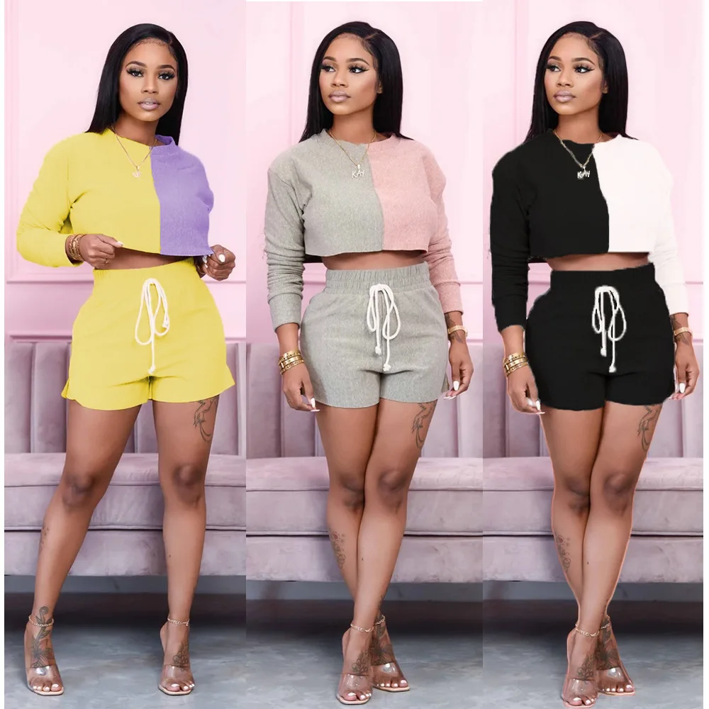 

Wholesale price clothes stitching long-sleeved t-shirt shorts two piece pants set summer 2021