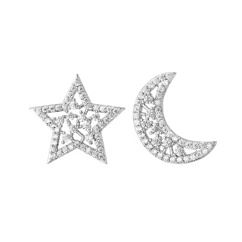 

New Fashion Jewelry Silver Shiny Star Moon Stud Earrings Designed For Girls