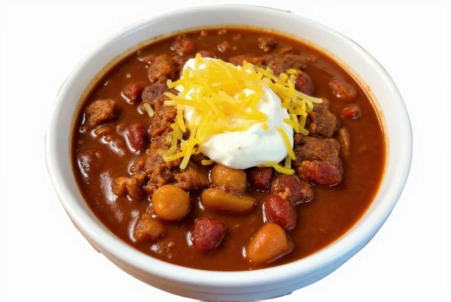Finished 5 ingredient chili served in a white bowl with sour cream swirl and cheese topping