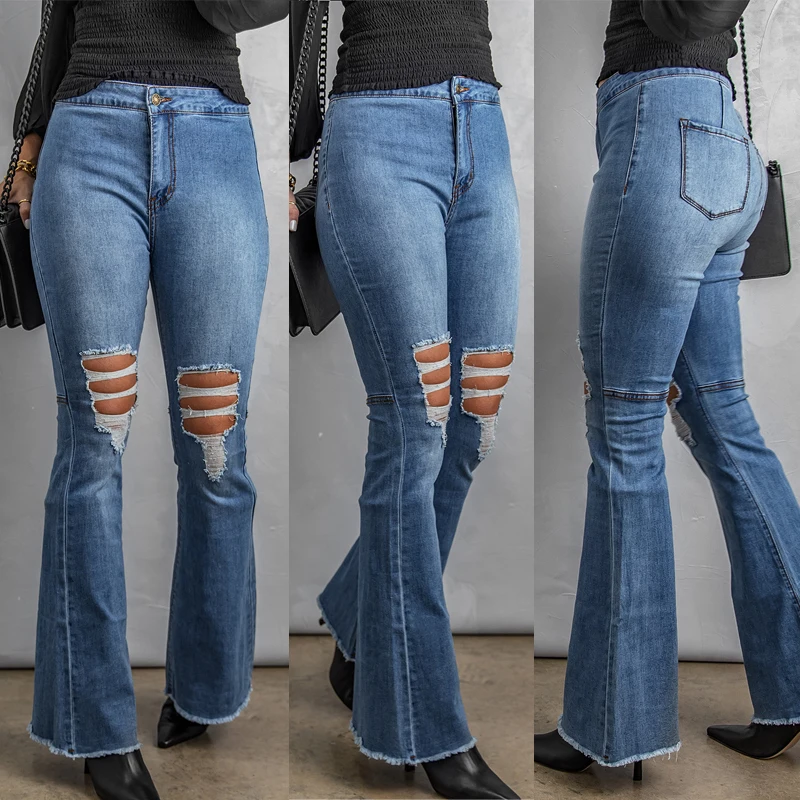 

2021 High Quality Designer Stylish High Waist Skinny Distressed Flared Ripped Denim Jeans Women, Destroyed jeans women