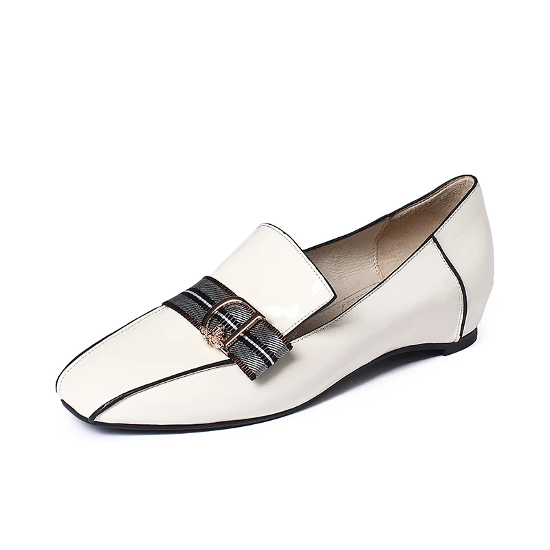 

K037 Spring and autumn flat office leather shoes for women and ladies, Black/beige