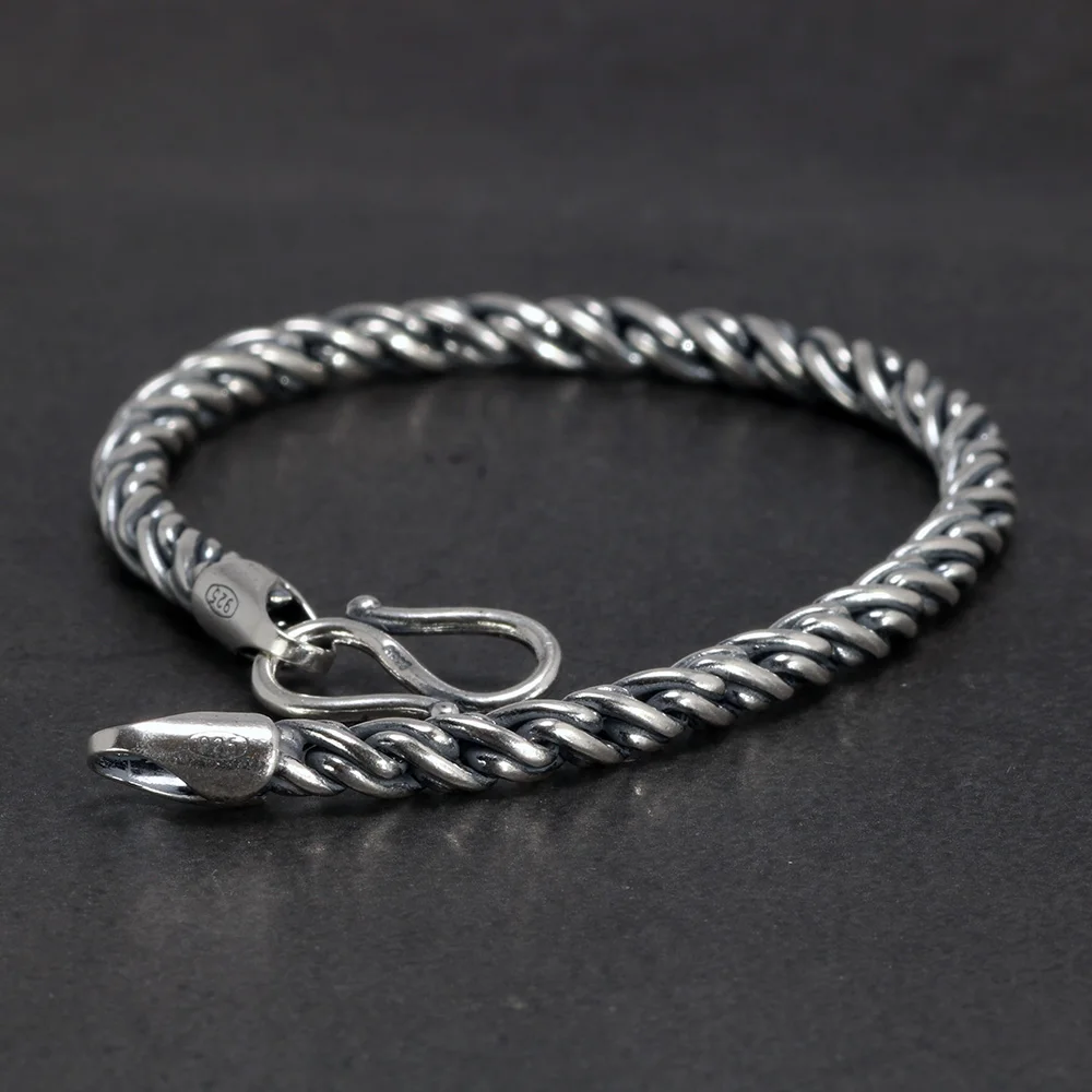 

4mm Real 925 Sterling Silver Braided Chain Bracelets for Men and Women Retro Punk Style Male Jewelry