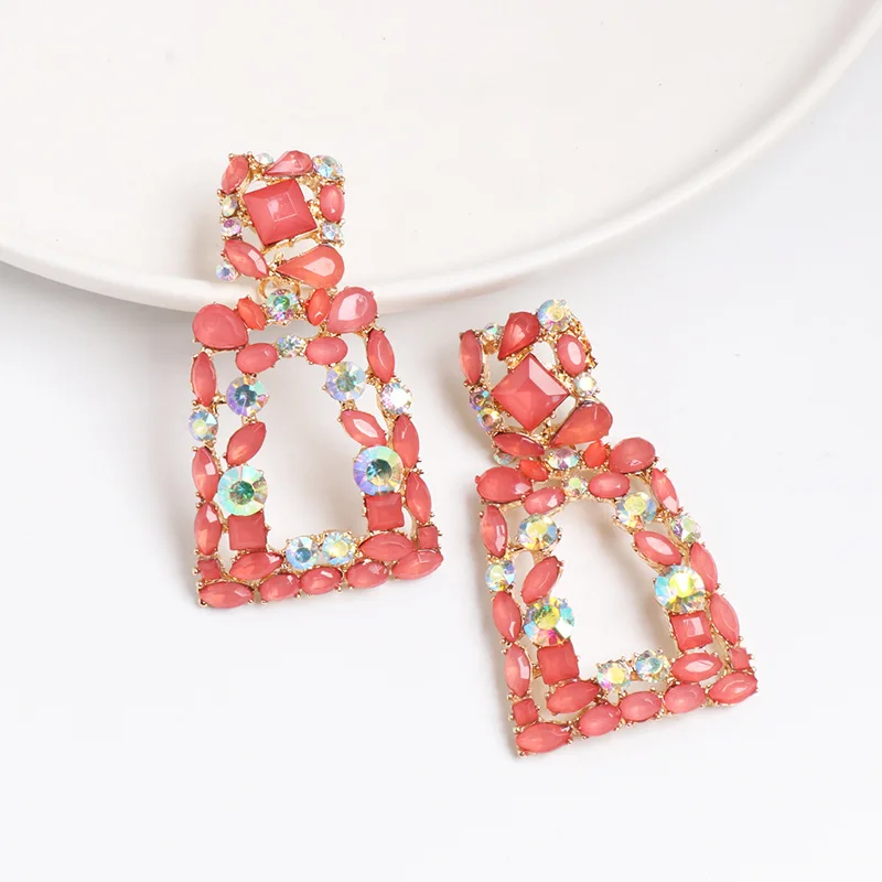 

New Arrivals Colorful Glass Diamond Square Drop Earrings Hollow out Geometric Multi Color Crystal Rhinestone Earrings, Picture shows