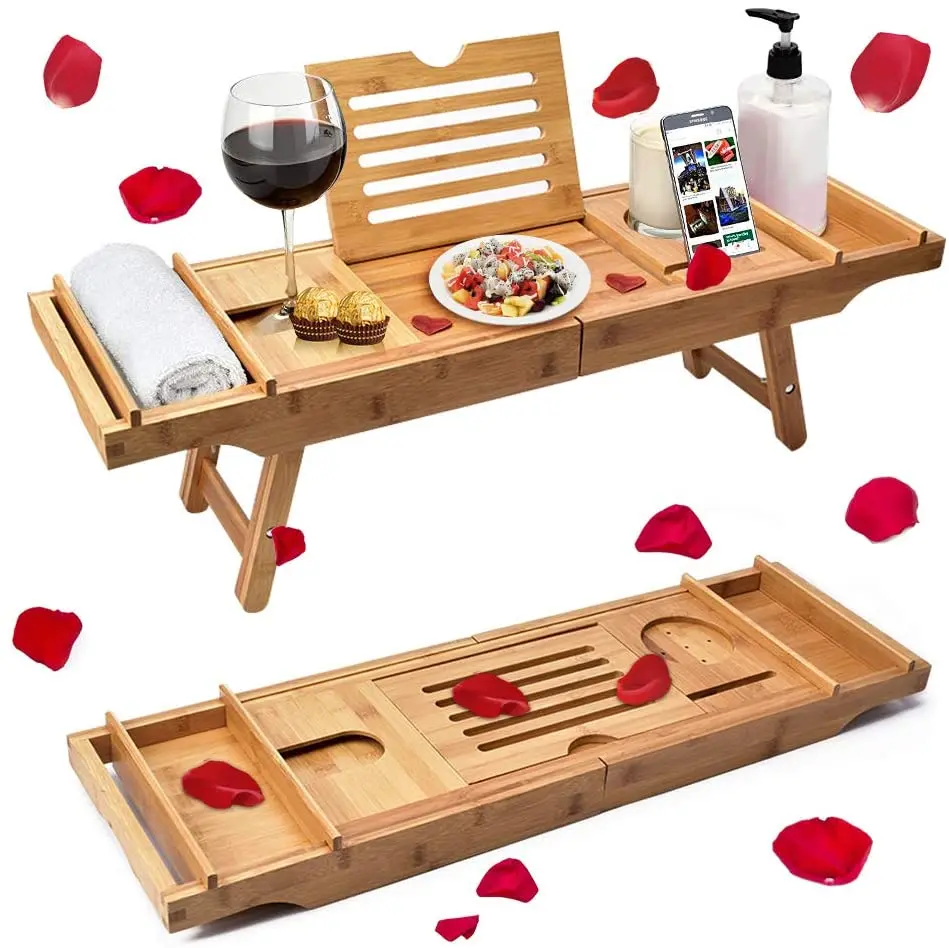 

Multifunction Adjustable Bamboo Bathtub Caddy Tray & Laptop Bed Desk w/ 2 Foldable Legs, Natural