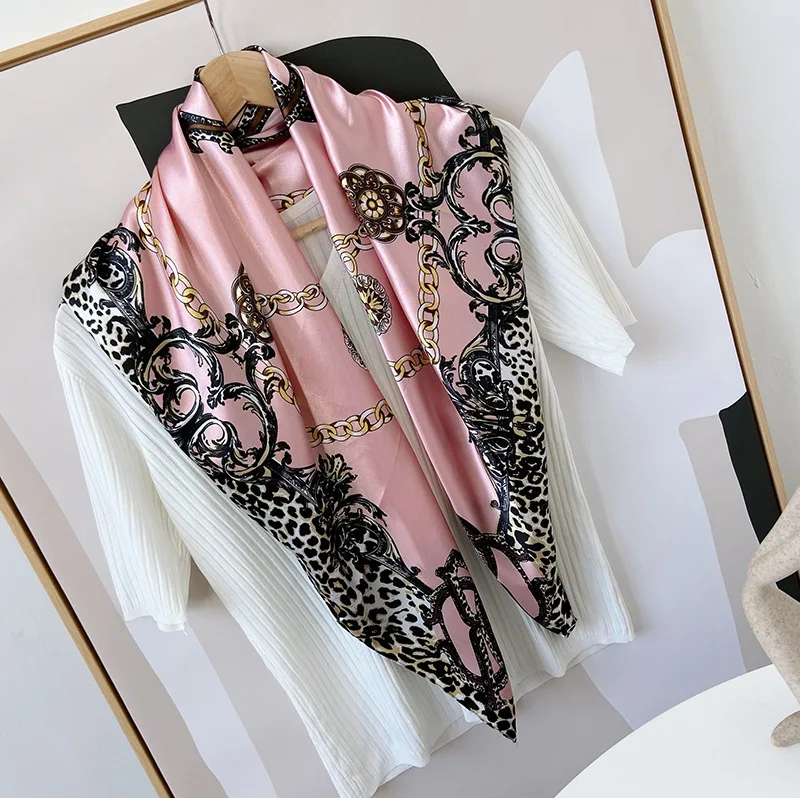 Factory Cheapest Price Woman Trendy Premium Leopard Skinny Satin Scarf 90cm Hijab Dubai