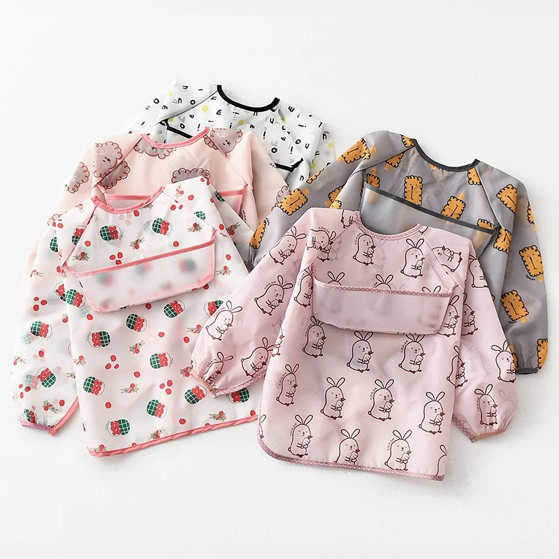 

Newest Arrival Cute Cartoon Baby Bibs Waterproof Colorful Infant Bib Children Long Sleeve Apron Coverall Feeding Bibs, Printed