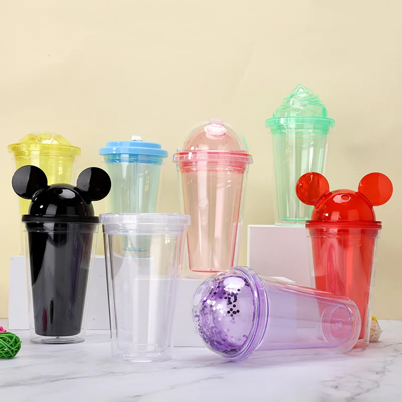 2021 New Summer Cute Cartoon Clear Plastic Straw Cup Double Wall Bpa