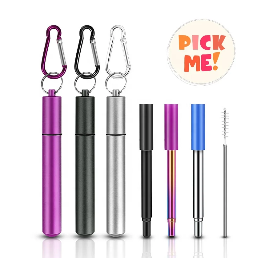 

Eco friendly extendable stainless steel telescopic straw collapsible drinking straw with silicone tip and keychain