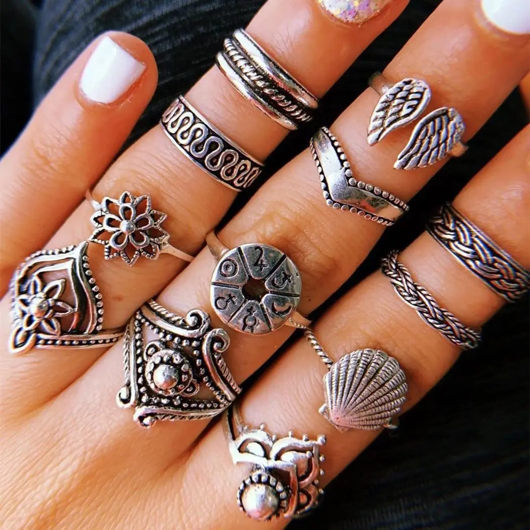 

Boho Midi Rings Set Fashion Crown Geometry Triangle Love Moon Cross Ring Leaf Flower V-shaped Totem Ring Set, Silver