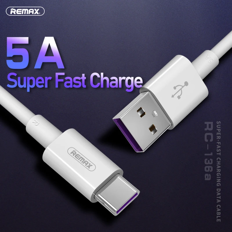 

Remax Super-Fast Charging Data Cable 5A For Type-C RC-136a cell phone cable, White