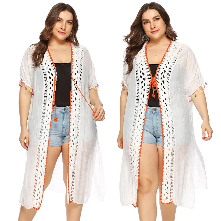 

2021 plus size women's hand crochet stitching beach blouse lace cardigan, White