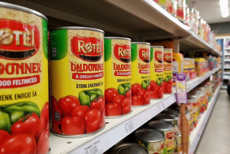 Rotel canned tomatoes and green chilies product shot showing the distinctive red and green label on supermarket shelf