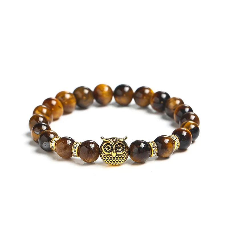 

Energinox Fashion Simple Zircon 8mm Tiger Eye Stone Gold Owl Beads Hand String Bracelet