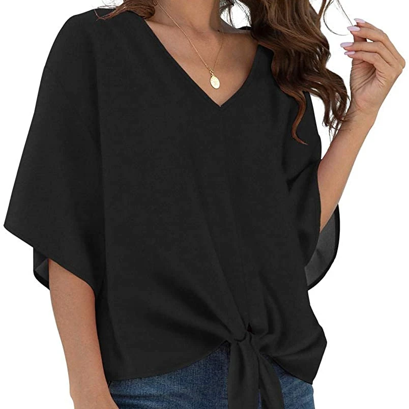 

Free Shipping Womens Floral Tie Front Chiffon Blouses V Neck Batwing Short Sleeve Summer Shirts Women's Tops, Black