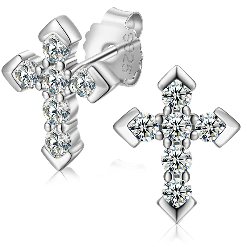 Original Design Trendy Religion Jewelry 925 Sterling Silver VVS Moissanite Cross Stud Earrings For Men Women