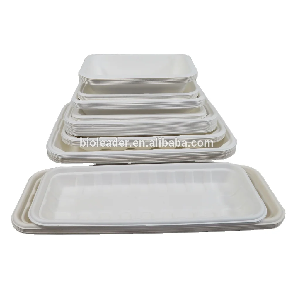 

Wholesale Disposable Sugarcane Bagasse Fruit And Vegetable Tray Biodegradable Rectangular Sushi Plates