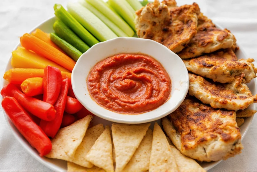 Roasted red pepper dipping sauce served with various vegetables, pita chips, and grilled chicken