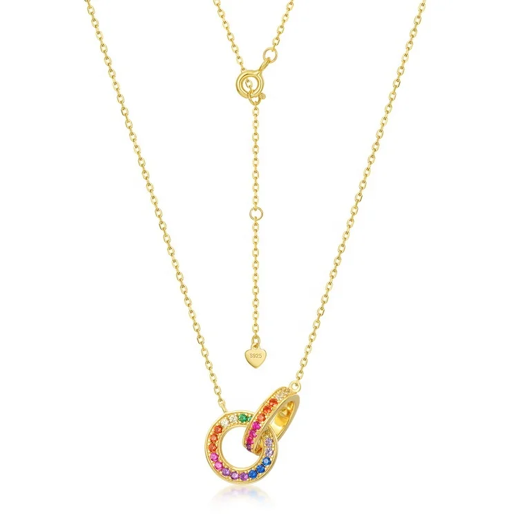 

Factory Wholesale 925 Sterling Silver Color CZ Necklace Gold Plating Couple Interlocking Circle Double Ring Necklace