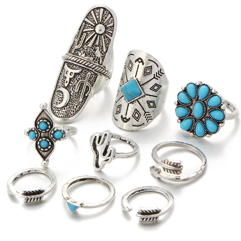 

Wholesale Bulk Sale Artilady Bohemia Folk Style Antique Multiple 9pcs Turquoise Finger Vintage Tribal Jewelry Ring Set, Silver