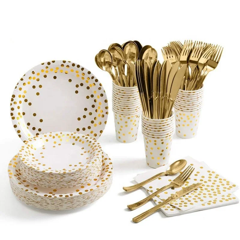 

175 PCS Gold and White Party Supplies Set Disposable Paper Dinnerware Serves Gold Dot foil Paper Plates Napkins Cup with Fork, Rose gold/customized color