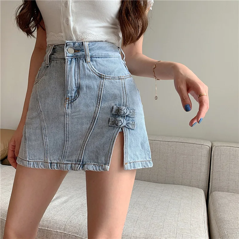 

Summer 2021 New A-line High Waist Slimmer Design Sense Side Slit Denim Short Skirt Women, Picture color