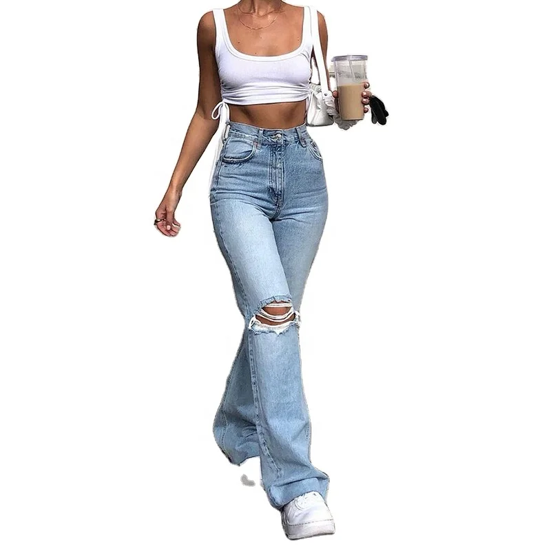 

New European And Beautiful Women With Ragged Edges And Raw Edges Light Blue Jeans Slim High-Waisted Wide-Leg Trousers, Picture