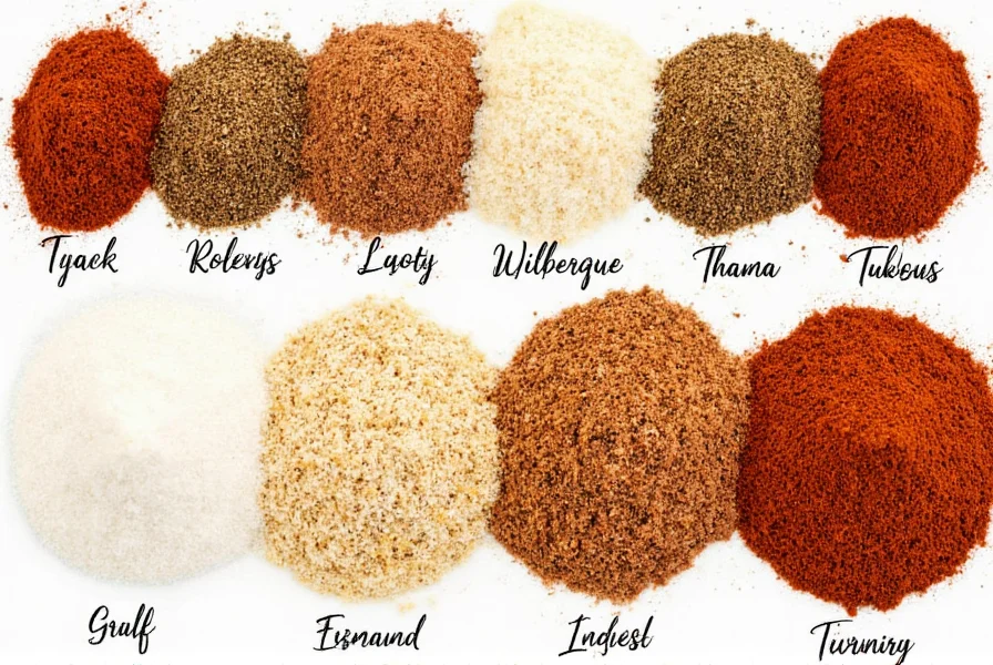 Homemade taco seasoning ingredients arranged neatly on wooden table