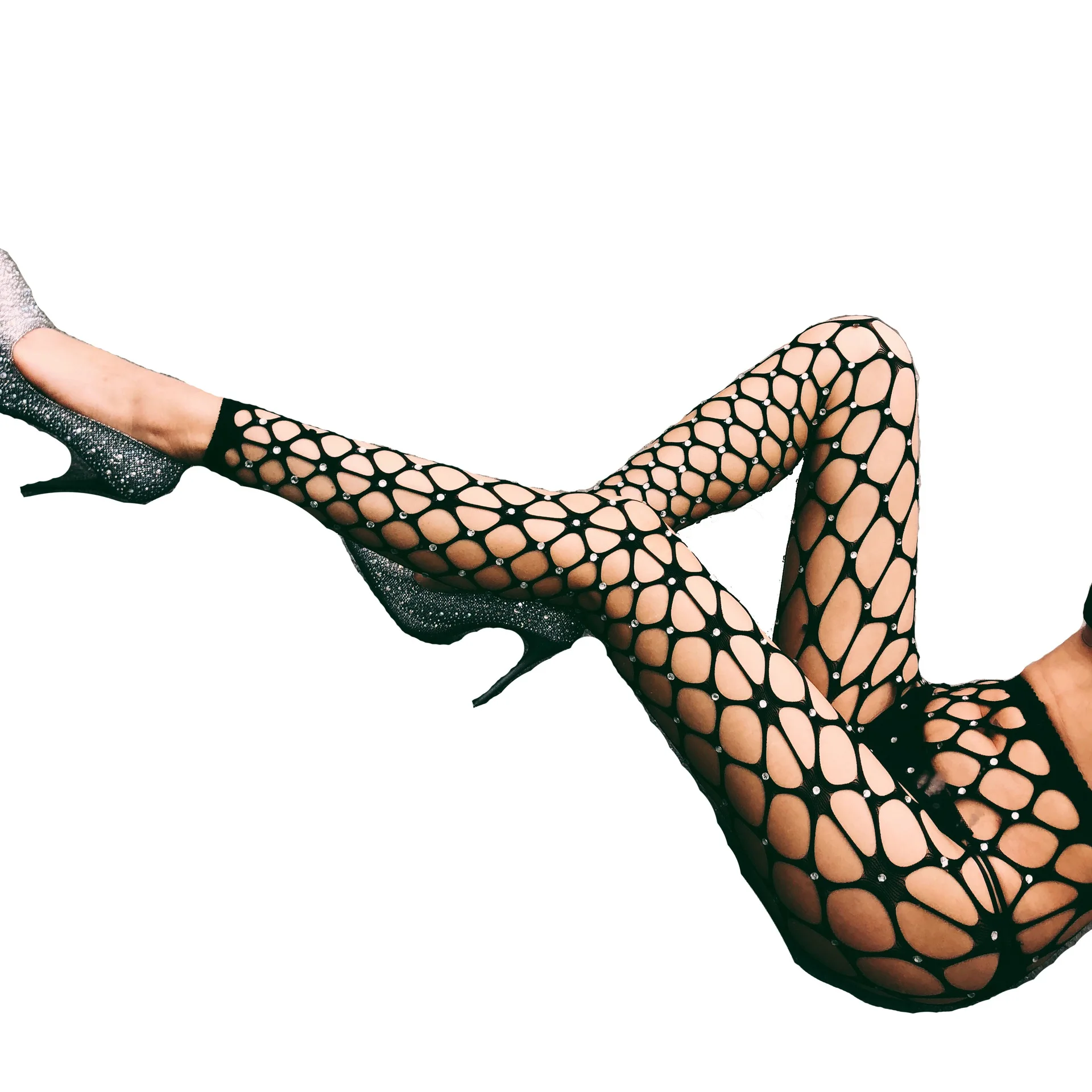 

Ladies Lingeri Sexy Fishnet Bodysuit High Waist Shiny Big Net stockings Pantyhose / Tights For Women, Black