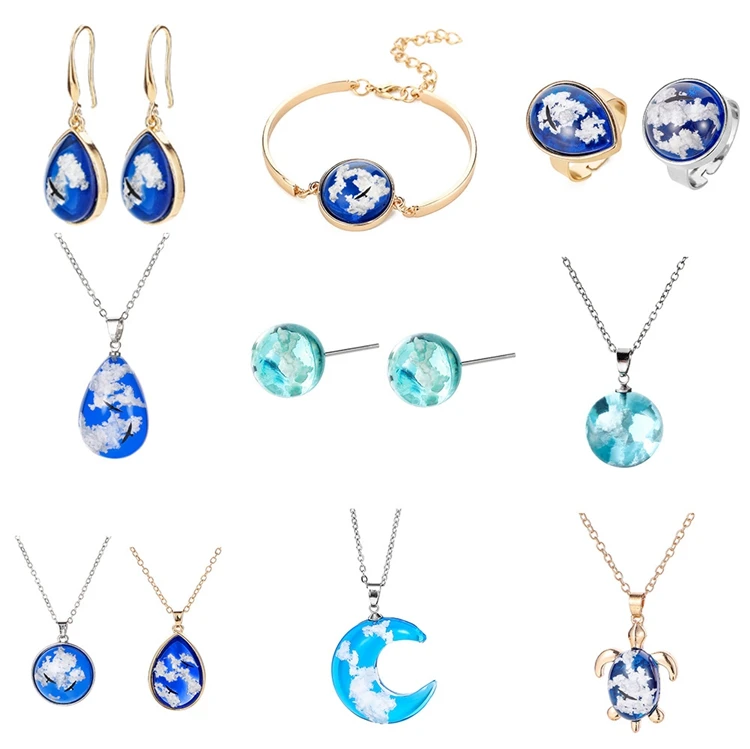 

2020 Trendy Handmade Round Resin Ball Earrings Transparent Women Charm Rings Blue Sky White Clouds Pendant Necklace Jewelry Set, Blue, white