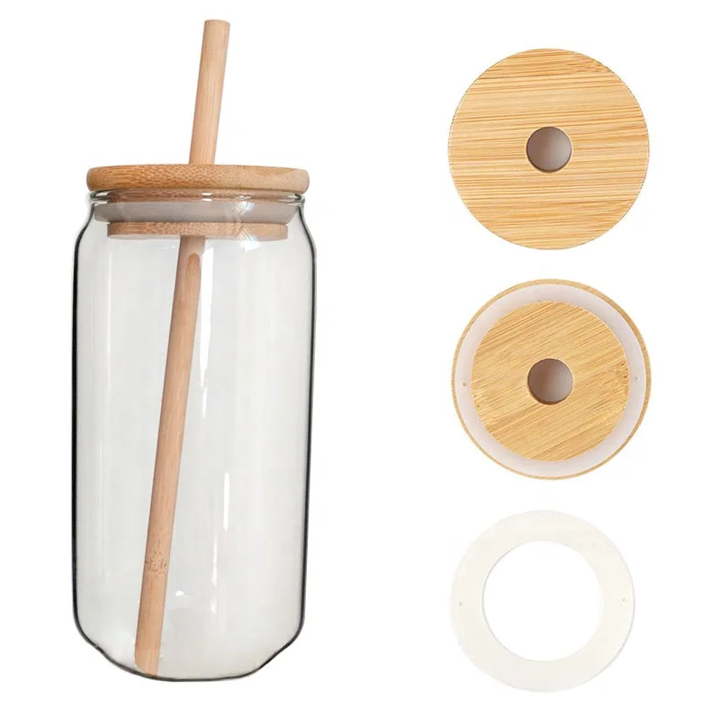

Custom logo 16oz clear tumblers with bamboo lid and straw hot selling beer can shaped glass cup