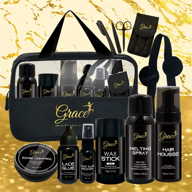 

New Arrival Lace Glue Edge Control Wax stick Curly Hair Mousse Melting Spray Black Gold Lace Wig Install Kit with Travel Bag