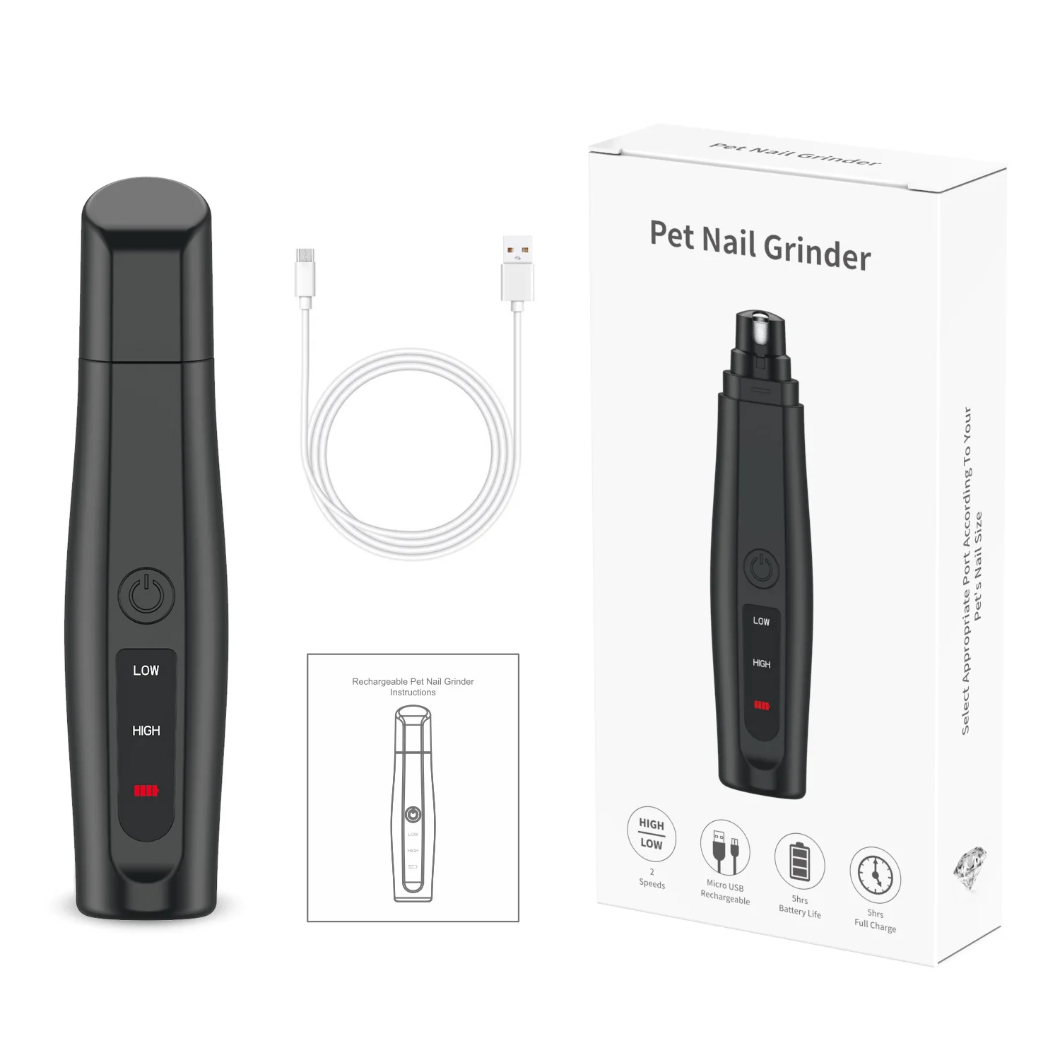 

Portable Electric Pet Nail Cleaning Trimmer 2 Speed LED Painless Pet Nail Polisher, White,black