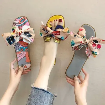 

Summer new style color ribbon bow flat heel flat slippers for women's outer wear all-match floral flip-flops for women