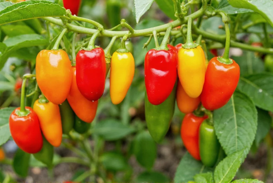 Colorful assortment of bell pepper varieties including red, yellow, orange, and green specimens growing on plants