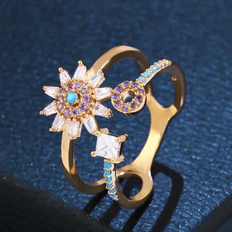

Luxury Exquisite Multi Colors Cubic Zircon Finger Ring Personality Double Layers Flower Shaped Wedding Party Band Ring, Picture shows