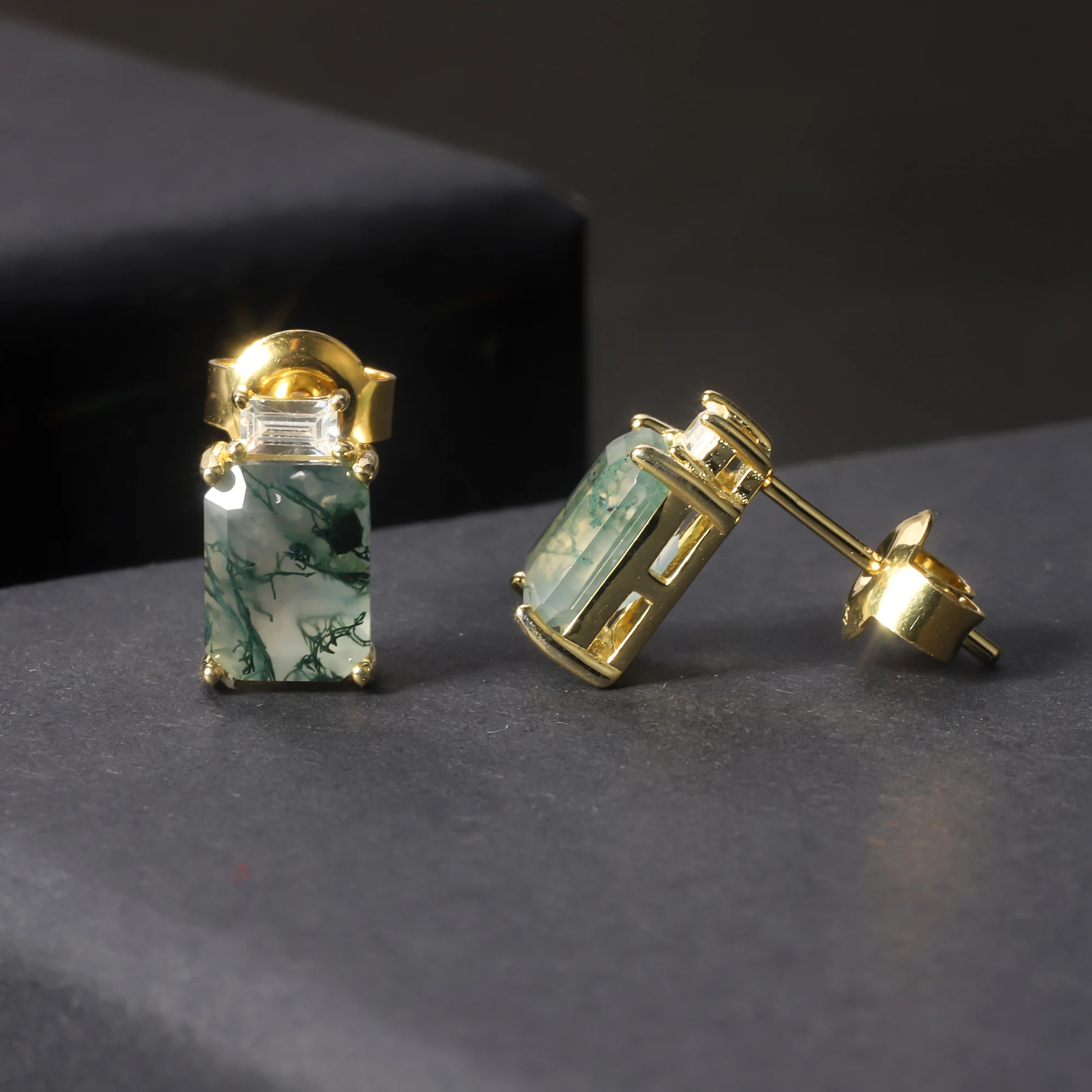 

F610 Abiding Fine Jewelry 14K Gold Plated 925 Sterling Silver Stud Emerald Cut Natural Moss Agate Earrings for Sale