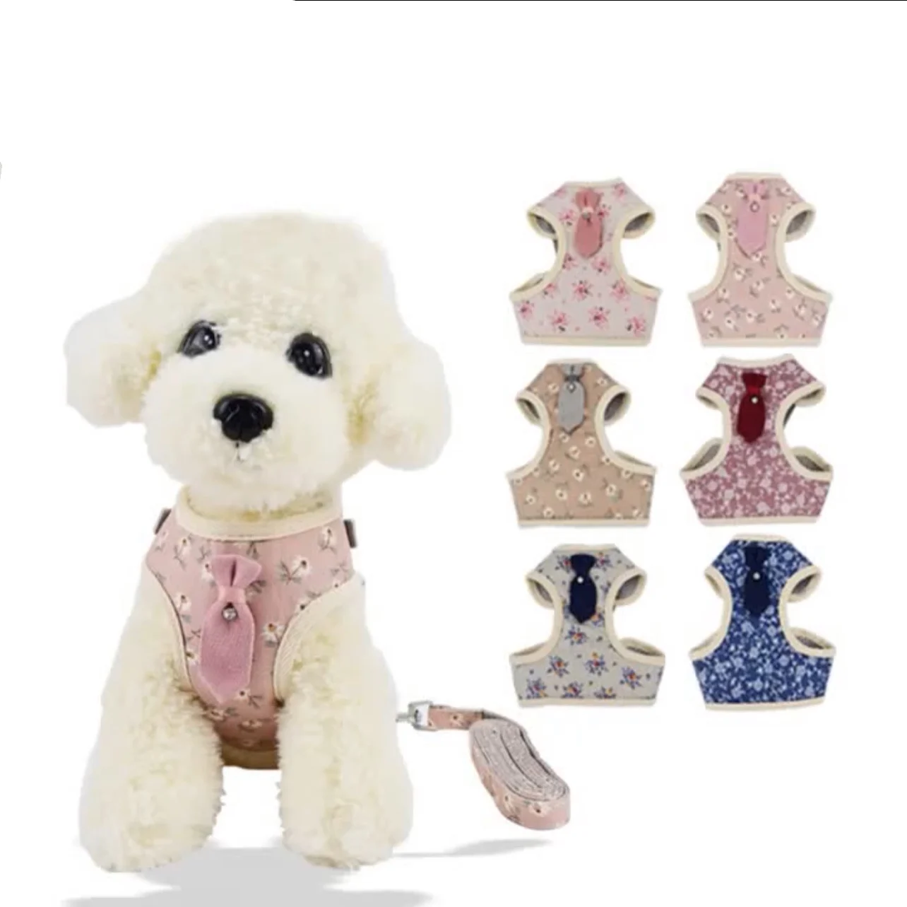 

Wholesale Air permeable Korean Style Custom Dog Cat Harness Set with Pulling Rope Handle and Tie, As the picture shows