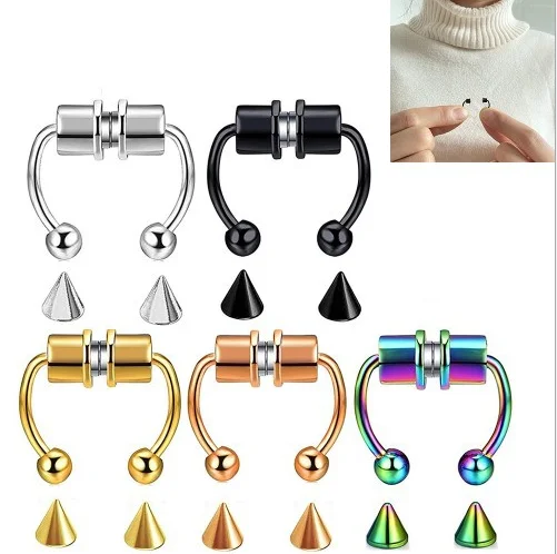 

New 316L Stainless Steel Horseshoe Fake Nose Ring Hoop Reusable Nose Ring Hoop Non-Piercing Magnetic Septum Fake Nose Ring, Multicolor