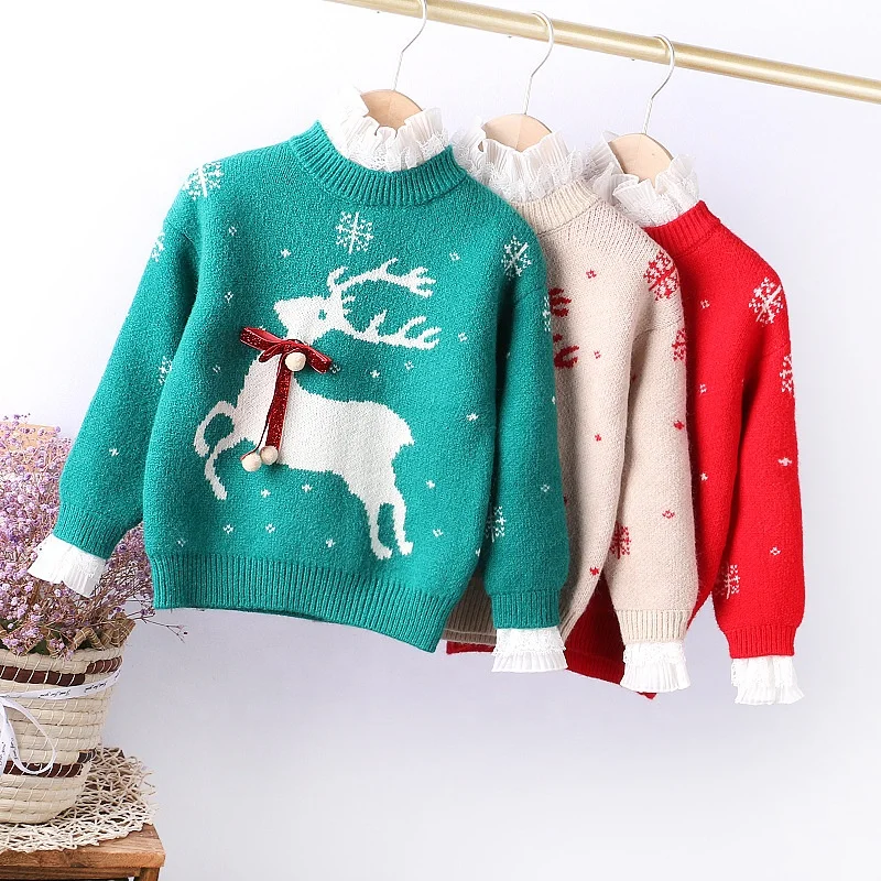 

Factory high quality girl Christmas lace collar long sleeve snowman deer jacquard round neck ugly sweater