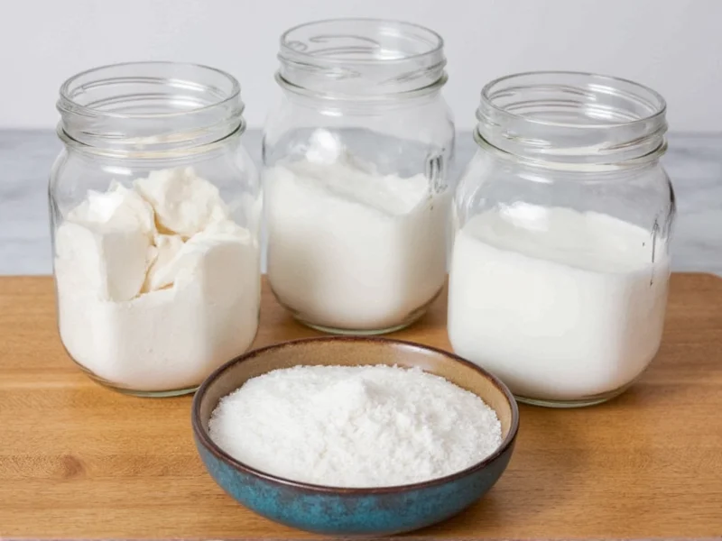 Three glass jars of homemade laundry soap ingredients on wooden table
