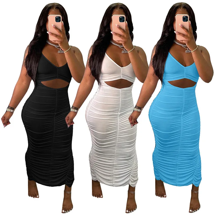 

G7034 Wholesale Solid Color Dress Halter Summer Women Backless Long Dress
