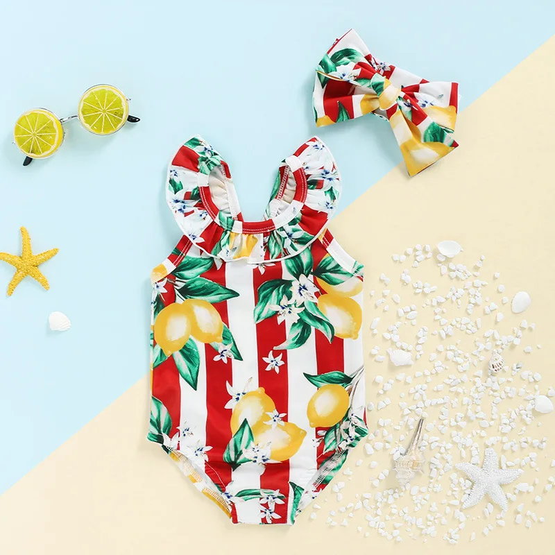 

Made Bowknot Cross Ruffled Swimming Costume Fruit Swimwear Little Girl One Piece Swimwear For Kids