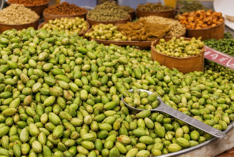 Green cardamom pods displayed in traditional Indian spice market with measuring spoons showing seed quantity