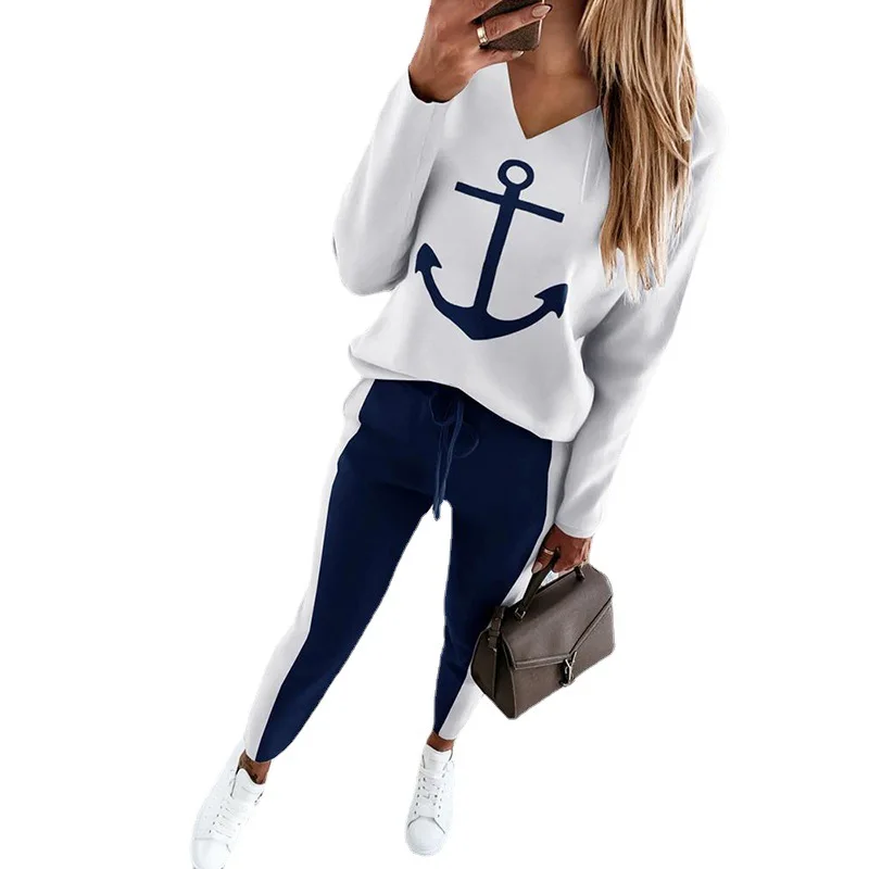 

2021 New Arrivals 2 Piece Set Women Anchor Print Long Sleeve V-neck Fashion Women Casual Suit, White, dark blue
