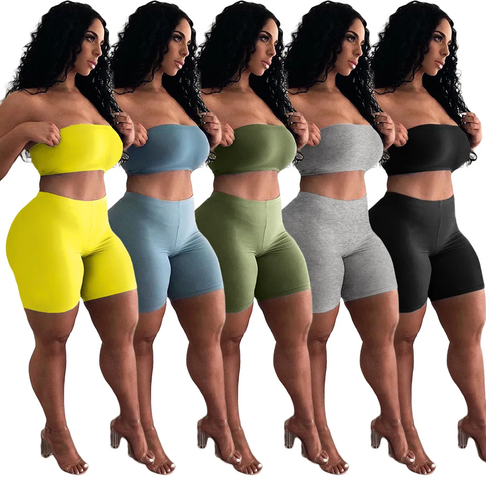 

GX6272 Customize fashion women clothing solid colors tube and short tracksuit two piece outfits 2 piece set, Picture