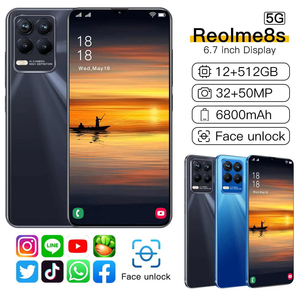 

Reolme 8s black view mobile phones smartphone 12gb 512gb 5g phone mobiles with calculator audio recorder video recorder