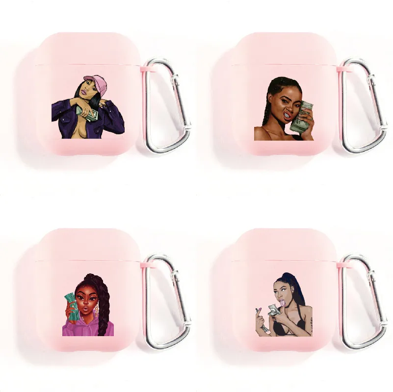 

Hot Sale TPU Cute Black Girl Soft Earphone Cases for Airpods Pro Make Money No Friend Woman Headset Soft Cover for Airpods 1/2, Pink