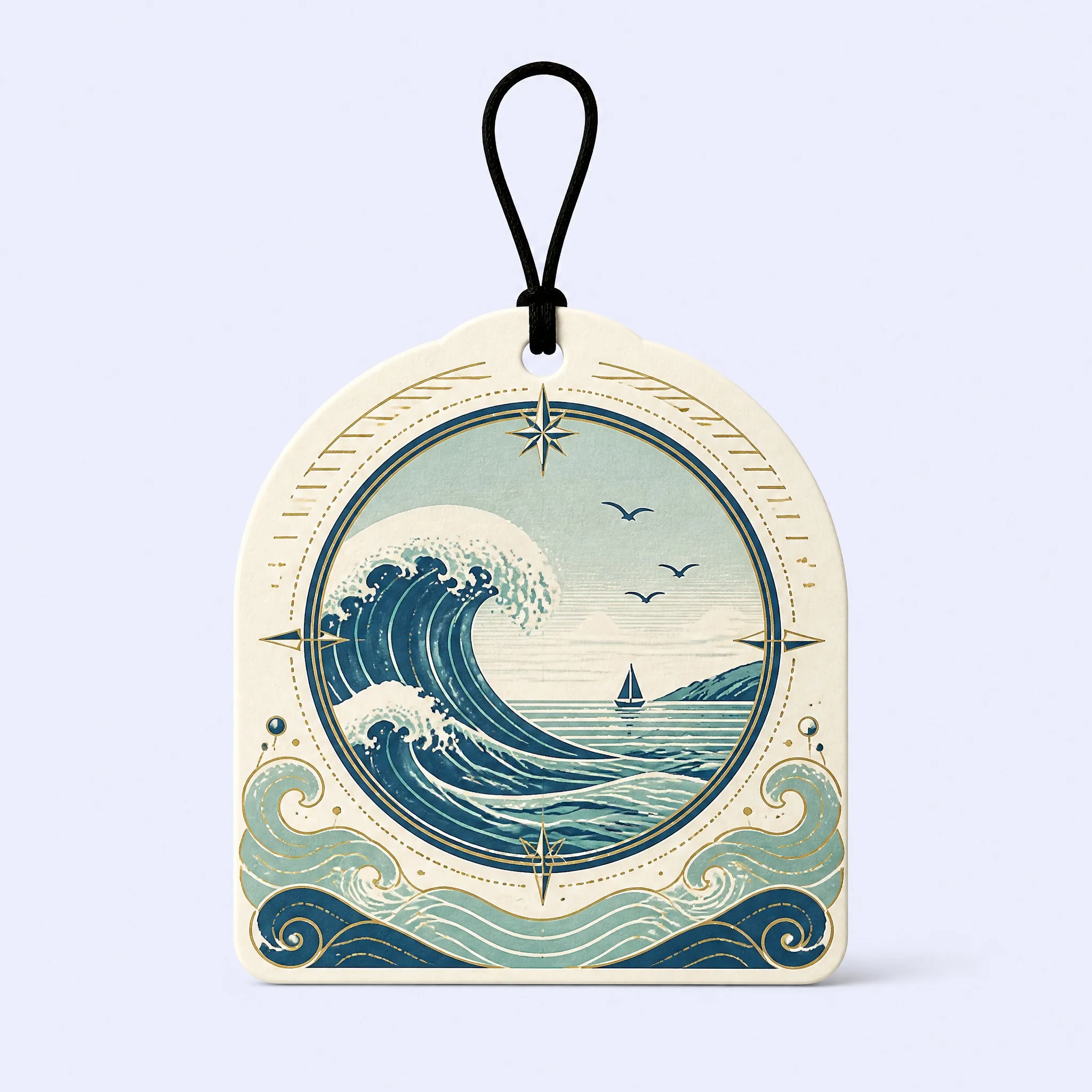 Custom Nautical Ocean Waves and Compass Scented Car Air Freshener Front View with Arched Silhouette