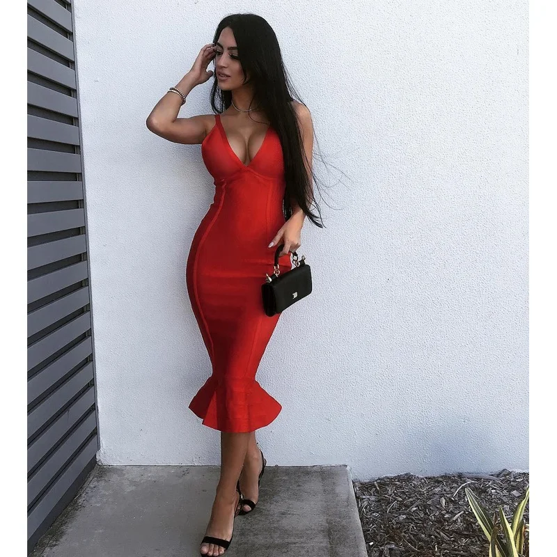 

Wholesale spaghetti strap elegant women party bandage dresses bodycon sexy deep v-neck fishtail skirt club dresses, Black/red/pink/customized